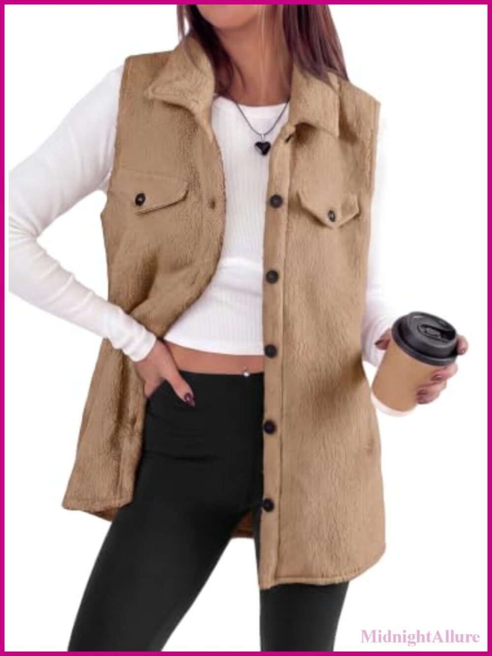 Teddy Fleece Sleeveless Button Down Mid-Length Vest Jacket